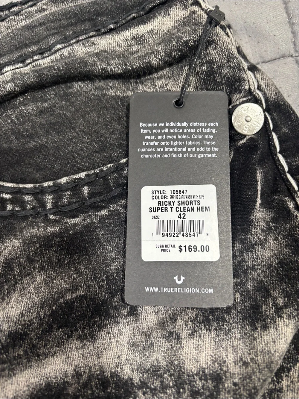 True Religion Black Gray Acid-Wash Denim Shorts